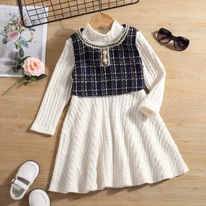 2-piece Toddler Girl Mock Neck Cable Knit Textured Long-sleeve White Dress and Plaid Tweed Vest Set