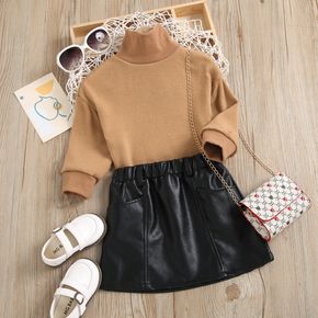 2pcs Toddler Girl Trendy Turtleneck Sweater and Faux Leather PU Skirt Set