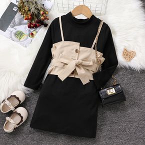 2pcs Toddler Girl Trendy Mock Neck Black Dress and Irregular Waist Corset Set