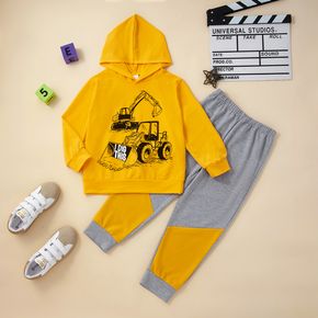 2-piece Kid Boy Letter Vehicle Print Hoodie Sweatshirt and Colorblock Elasticized Pants Set