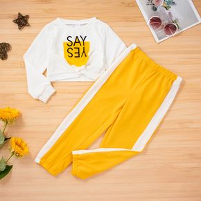 2-piece Kid Girl Letter Print Twist Front Pullover and Colorblock Pants Set