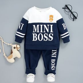 2pcs Baby-Buchstaben-Druck dunkelblaues Langarm-Sweatshirt-Pullover-Set