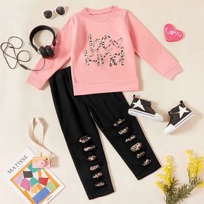 2-piece Kid Girl Letter Print Fleece Lined Pullover Sweatshirt and Leopard Print Patchwork Ripped Denim Black Jeans