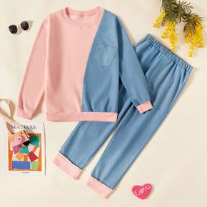 2-piece Kid Girl Colorblock Denim Splice Fuzzy Fleece Lined Pullover Sweatshirt and Pants Casual Set