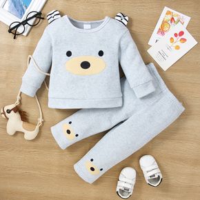 2pcs Baby Boy Fleece Lined Cartoon Bear Embroidered 3D Ears Long-sleeve Top and Trousers Set