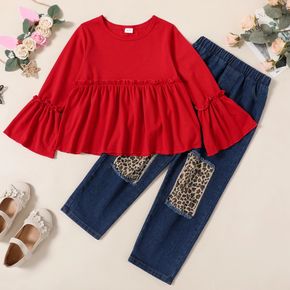 2-piece Kid Girl Christmas Ruffled Long Bell sleeves Top and Leopard Print Patchwork Ripped Denim Jeans Set