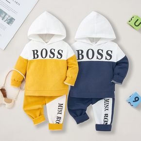 2pcs Baby Boy Letter Print Colorblock Long-sleeve Hoodie and Trousers Set