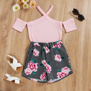 2pcs Kid Girl Crisscross Cold Shoulder Pink Short-sleeve Tee and Floral Print Stripe Shorts Set
