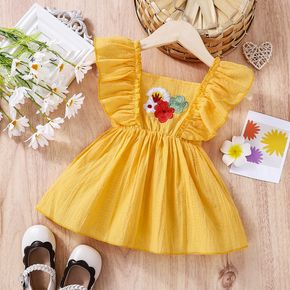 100% Cotton Baby Girl Floral Embroidered Solid Textured Ruffle Trim Sleeveless Dress
