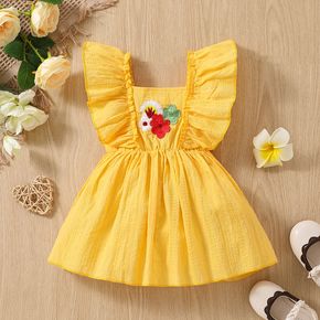100% Cotton Baby Girl Floral Embroidered Solid Textured Ruffle Trim Sleeveless Dress