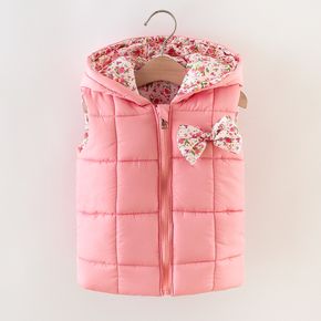 Floral Print Allover Bow Decor Hooded Sleeveless Pink Baby Coat Jacket