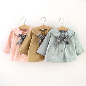 Toddler Girl Doll Collar Plaid Bowknot Design Button Design Jacket Coat with Pocket