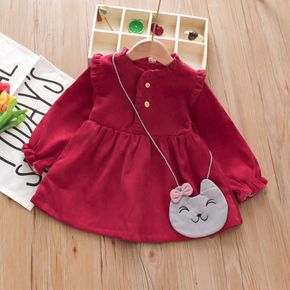 2pcs Solid Ruffle Decor Long-sleeve Corduroy Red or Purple Long Shirt Smock with Kitty Bag Toddler Set