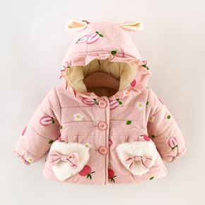 Baby Girl Floral Print Fuzzy Fleece Bowknot Button Design Hooded Coat