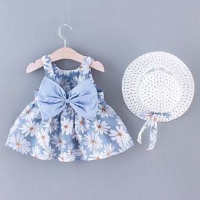 2pcs Toddler Girl Floral Print Bowknot Design Strap Dress and Straw Hat Set