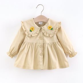 Baby Girl 95% Cotton Long-sleeve Sunflower Embroidered Ruffle Collar Single Breasted Coat
