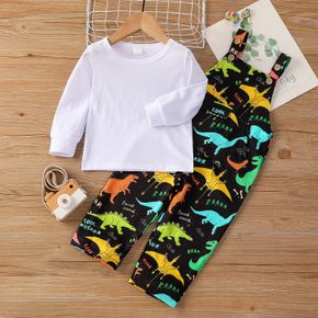 2-piece Toddler Boy Long-sleeve White T-shirt and Button Design Dinosaur Print Overalls Set