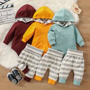2pcs Solid Long-sleeve Hooded Romper and Stripe Trouser Baby Set