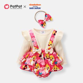 Baby Shark 2 in 1 Baby Girl Flounce Cotton Bodysuit with Headband