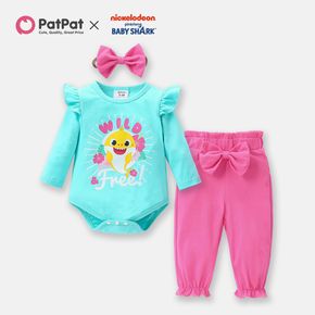 Baby Shark 3-piece Baby Girl Graphic Bodysuit and Solid Cotton Pants Set with Headband