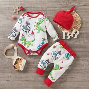 Christmas 3pcs Baby All Over Cartoon Dinosaur Print Long-sleeve Waffle Romper and Trousers Set