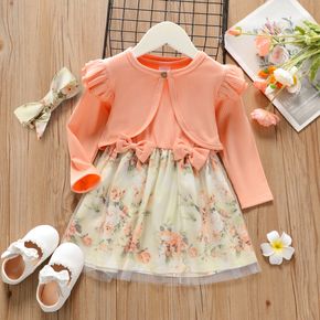 2-piece Baby/Toddler Girl Bowknot Design Ribbed Floral Print Mesh Splice Sleeveless Dress and Ruffled Cardigan Set