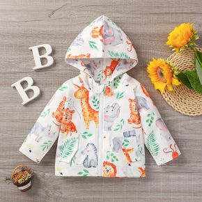 Baby Boy/Girl All Over Cartoon Animals and Leaves Print White Long-sleeve Hooded Zip Jacket