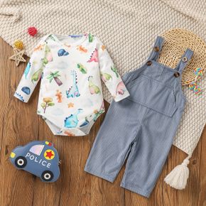 2pcs Baby Boy All Over Multi-color Dinosaur Print Long-sleeve Romper and Solid Corduroy Overalls Set