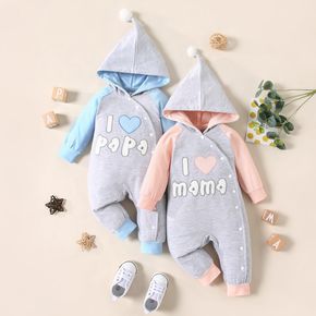 Baby Boy/Girl Letter Embroidered Raglan Long-sleeve Pom Pom Hooded Snap-up Jumpsuit