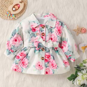 Baby Girl All Over Rose Floral Print Lapel Long-sleeve Double Breasted Trench Coat