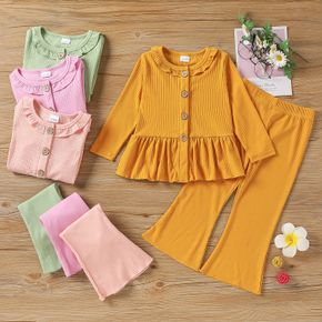 2-piece Toddler Girl Ruffled Button Design Ribbed Long-sleeve Top and Flared Pants Set
