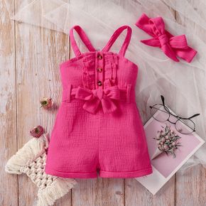 100% Cotton Crepe 2pcs Baby Girl Hot Pink Spaghetti Strap Belted Romper with Headband Set