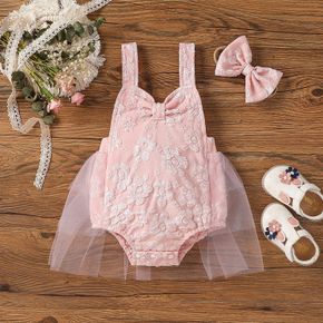 2pcs Baby Girl Party Outfits Pink Floral Textured Sleeveless Mesh Romper with Headband Set