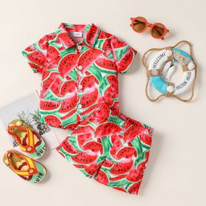 2pcs Baby Boy Allover Red Watermelon Print Short-sleeve Shirt and Shorts Set