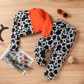 2pcs Toddler Girl Cow Print Colorblock Long-sleeve Crop Tee and Allover Print Leggings Set
