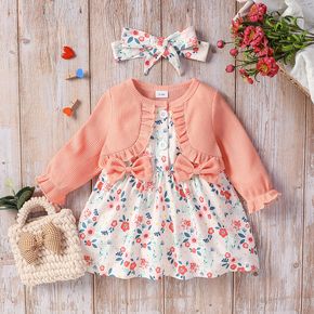 2pcs Baby Girl Faux-two Long-sleeve Rib Knit Bow Front Spliced Floral Print Dress with Headband Set