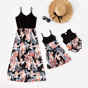 Floral Print Splice Black Sling Dresses for Mommy and Me