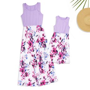 Light Purple Stitching Floral Print Tank Dresses for Mommy and Me