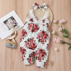 2pcs Baby Girl All Over Floral Print Sleeveless Lace Cami Jumpsuit Set