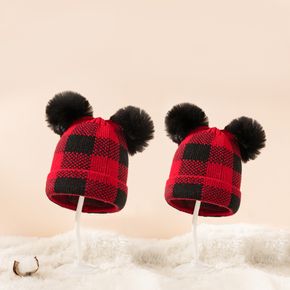 Winter Warm Red Plaid Knit Double Pom Pom Ears Hat Crochet Hat Beanie Cap for Mom and Me