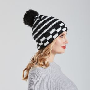 Women Stripe Plaid Splice Pompon Decor Knit Beanie Hat