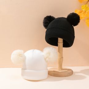 Women Solid Color Double Fluffy Pompoms Decor Knit Beanie Hat