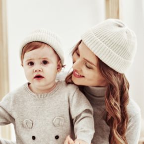 Solid Color Ribbed Knit Beanie Hats for Mom and Me