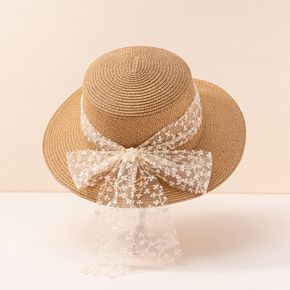 Women Floral Lace Big Bow Decor Straw Hat