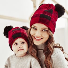 Dual Fur Ball Decor Plaid Houndstooth Knitted Beanie Hat for Mom and Me