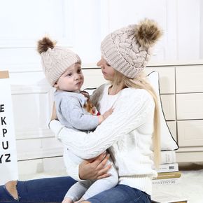 Big Fur Ball Decor Cable Knitted Beanie Hat for Mom and Me
