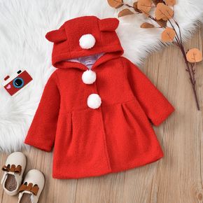3D Ears Red Long-sleeve Hooded Pom Poms Baby Coat Outwear