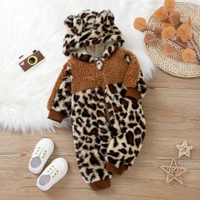 Baby Brown Leopard 3D Ears Hooded Long-sleeve Thickened Fleece Jumpsuit Snowsuit