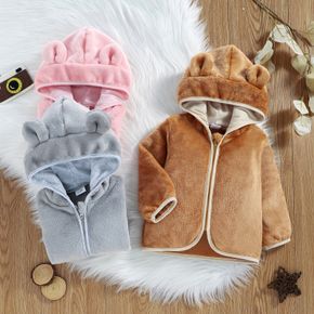 Baby Solid Fuzzy Fleece 3D Ears Hooded Long-sleeve Coat Outwear