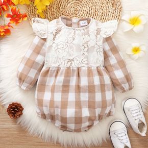 Baby Girl Floral Lace Design Plaid Long-sleeve Romper